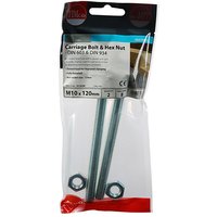 Clear pack of zinc carriage bolts and hex nuts, M10 x 120mm, by TIMCO, with two bolts and nuts visible.