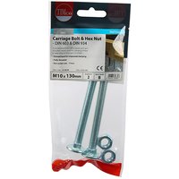 "Pack of two zinc-plated TIMCO carriage bolts and hex nuts, M10 x 130mm, in clear plastic packaging with red label"