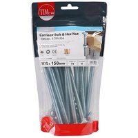 Clear bag of Timco zinc carriage bolts and hex nuts, M10 x 150mm, with red and white label, 14 pieces.