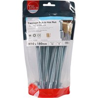 Timco carriage bolts and hex nuts, zinc finish, M10 x 180mm, packaged in a clear TIMbag, set of 12.