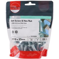 Clear bag of Timco zinc set screws and hex nuts, M10 x 25mm, Grade 8.8, with red and black branding.