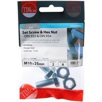 Timco zinc set screws and hex nuts, Grade 8.8, M10 x 25, in clear packaging with red and blue branding.