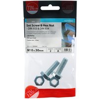 Timco 1030SNZP set screws and hex nuts, zinc-plated, M10 x 30mm, packaged in clear TIMpac bag with red branding.