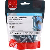 TIMCO set screws and hex nuts, zinc-plated, M10 x 40, in a clear TIMbag with red and white branding.