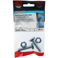 Timco zinc M10 x 40 set screws and hex nuts, Grade 8.8, in clear packaging with product details and images.