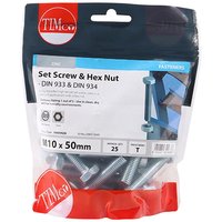 TIMCO set screws and hex nuts, zinc-plated, M10 x 50, in a clear TIMbag with red and blue labeling, pack of 25.