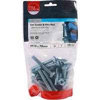 Timco zinc set screws and hex nuts in clear TIMbag, M10 x 70mm, 20 pieces, with red and blue branding.