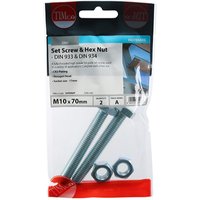 Timco zinc set screws and hex nuts, Grade 8.8, M10 x 70mm, in clear packaging with red and blue accents.