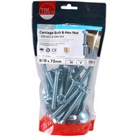 TIMCO zinc carriage bolts and hex nuts in clear TIMbag, M10 x 75mm, 28 pieces, with red and blue packaging accents.