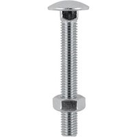 Stainless steel carriage bolt with hex nut, M10 x 75mm, smooth round head, threaded shaft, silver finish.