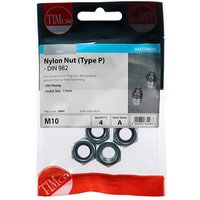 "Pack of four Timco zinc M10 nylon nuts, Type P, in clear plastic packaging with red and blue branding"