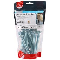 Timco zinc carriage bolts and hex nuts in clear bag, M12 x 100mm, with red and white label, 14 pieces.