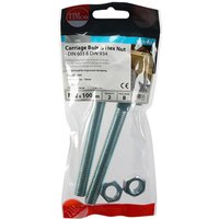 Timco zinc carriage bolts and hex nuts, M12 x 100mm, in clear packaging with label and hanging hook.