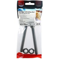 TIMCO stainless steel carriage bolts and hex nuts, M12 x 100mm, in clear packaging with red and white label.
