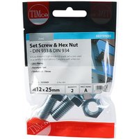 Timco 1225SNZP set screws and hex nuts, zinc-plated, M12 x 25mm, in clear TIMpac packaging with red and black label.