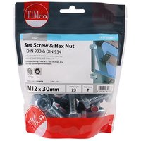 Timco set screws and hex nuts, zinc-plated, M12 x 30, in a clear TIMbag with red and white branding.