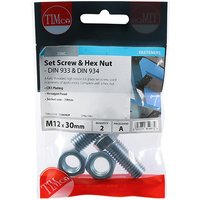 Timco set screws and hex nuts, zinc plated, M12 x 30mm, in clear packaging with red and blue branding.