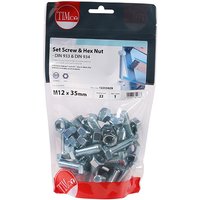 TIMCO set screws and hex nuts, zinc-plated, M12 x 35mm, in a clear TIMbag with red and white branding.