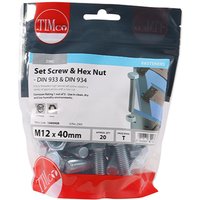 TIMCO set screws and hex nuts, zinc-plated, M12 x 40mm, in a clear TIMbag with red and white branding, 20 pieces.