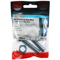 Timco set screws and hex nuts, zinc-plated, M12 x 50, in clear packaging with red and blue accents.