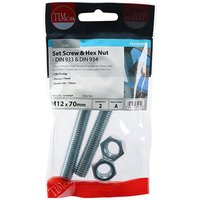 TIMCO set screws and hex nuts, zinc-plated, M12 x 70mm, in clear plastic packaging with red and blue label.