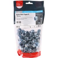Bag of Timco Nylon Nuts Type P, Zinc M12, in clear packaging with red and white label, containing 90 nuts.
