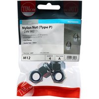 Clear plastic pack of four Timco zinc-plated M12 nylon nuts with hexagonal shape and blue nylon insert.
