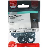 Timco zinc M12 Form A washers in clear packaging, 15 pieces, labeled with product details and red TIMco logo.