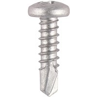 Silver TIMCO window fabrication screw with pan head, self-tapping threads, and self-drilling point.
