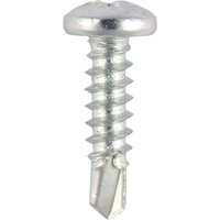 Silver Timco 131Z window screw with pan head, self-tapping thread, and self-drilling point, size 4.2 x 16.