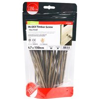 Green TIMCO timber screws with hex head, 6.7 x 150mm, in a clear TIMbag, pack of 30.