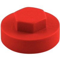 Poppy red hex head cover cap, 16mm, with a smooth, rounded base and hexagonal top by TIMCO.
