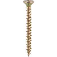 Yellow double countersunk chipboard screw with sharp point and spiral threads, size 3.5 x 35mm by TIMCO.