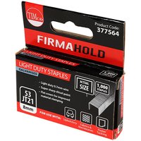 TIMCO FirmaHold box of light duty staples, chisel point, galvanised, 8mm, black and red packaging with product details.