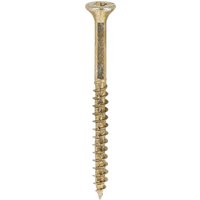 Yellow TIMCO screw, double countersunk, Pz drive, 4.0 x 50mm, sharp tip, spiral threads, single screw view.