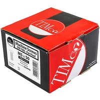 "Box of TIMCO M4 x 50 zinc pan head machine screws, red and black packaging with product details label"