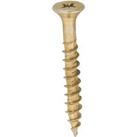 Yellow TIMCO screw with double countersunk head and PZ drive, 5.0 x 40mm, featuring a sharp point and spiral threads.