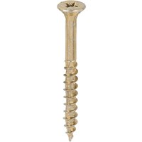 Yellow TIMCO screw with double countersunk head and PZ drive, 5.0 x 50mm, in a tub of 600 pieces.