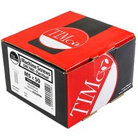 TIMCO box of 100 zinc M5 x 50 metric threaded machine screws with Pz pan head, red and black packaging.