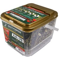 Clear plastic tub of yellow TIMCO screws, double countersunk, Pz head, labeled 6.0 x 100, with gold lid.