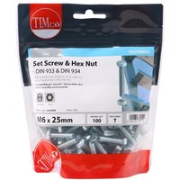 TIMCO set screws and hex nuts in clear TIMbag, M6 x 25, zinc-plated, Grade 8.8, pack of 100 with red and white label.