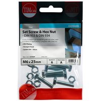 Timco 625SNZP set screws and hex nuts, zinc finish, M6 x 25mm, packaged in a clear TIMpac bag with red branding.