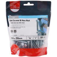 TIMCO set screws and hex nuts, zinc-plated, M6 x 50mm, in a clear TIMbag with red branding and product details.
