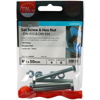 Timco 650SNZP set screws and hex nuts, zinc-plated, M6 x 50mm, in clear packaging with red and black branding.