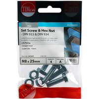 Timco 825SNZP set screws and hex nuts, zinc-coated, M8 x 25mm, in clear TIMpac packaging with red and blue accents.