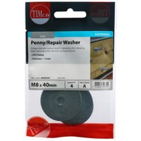 TIMCO zinc-plated penny washers, M8 x 40mm, in clear packaging with red and white branding, 4 pieces per pack.