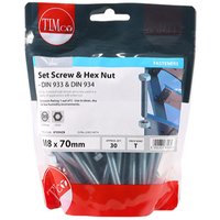 Timco 870SNZB set screws and hex nuts in clear TIMbag, zinc finish, M8 x 70mm, grade 8.8, pack of 30.
