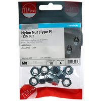 "Pack of 10 Timco 8NPP Nylon Nuts, Type P, Zinc M8, silver hexagonal shape in clear packaging with red branding"