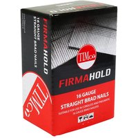 TIMCO Firmahold box of 16G straight galvanised brad nails, black and red packaging with product details.