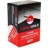 Box of TIMCO Firmahold 16G straight brad nails, black and red packaging with stainless steel nail image.